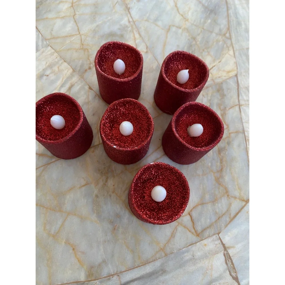 Set of 6 Red Glitter Flameless LED Tea Light Candles Battery Operated Festive